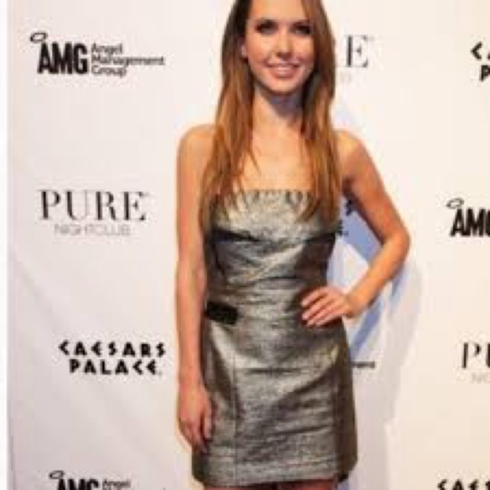 See by Chloe Gold and Black Metallic Strapless Mini Dress